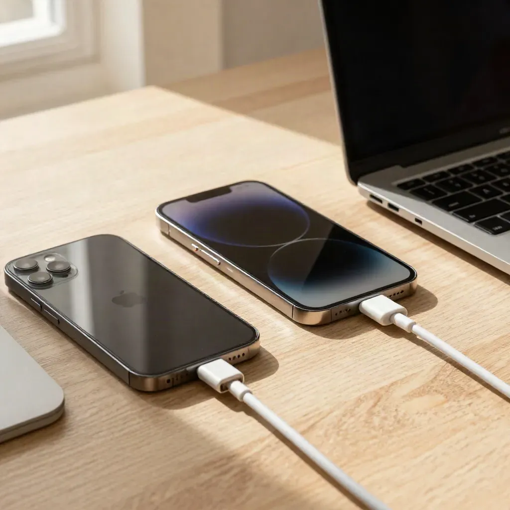 iPhone, iPad mini, MacBook corner and USB-C cable staged on pale oak in warm daylight