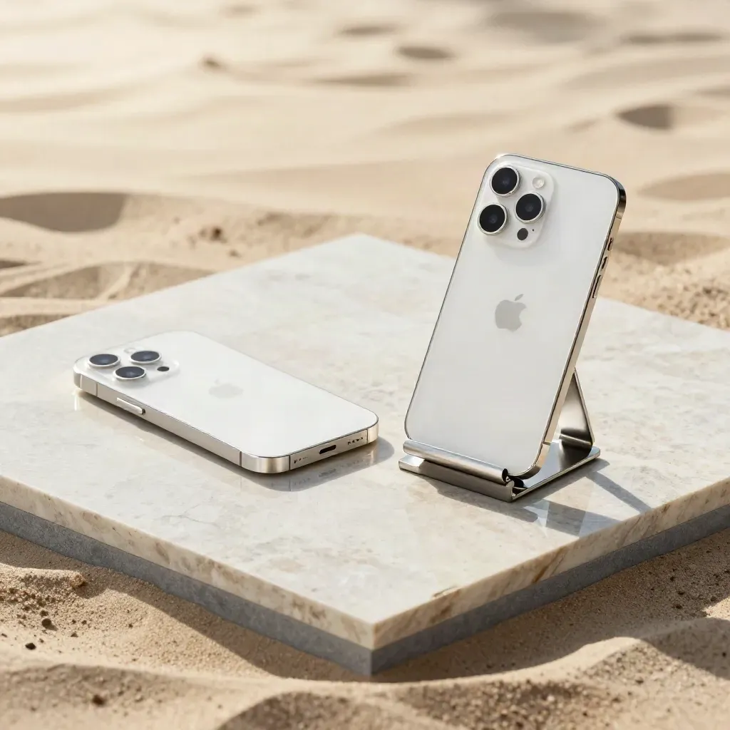 Top-down flat lay of two white prototype phones, acrylic tile and metal stand on stone.