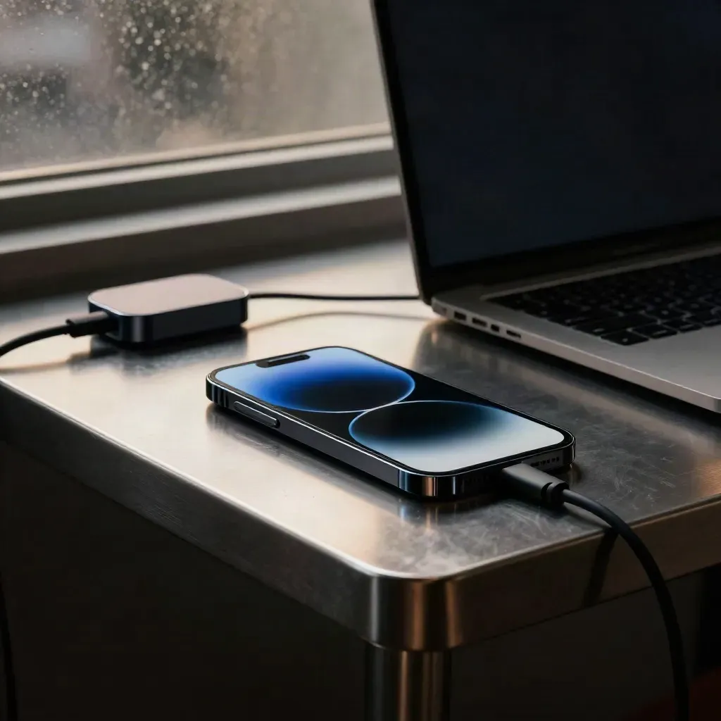 iPhone wakes beside a dark laptop and charging puck on brushed steel in a moody studio
