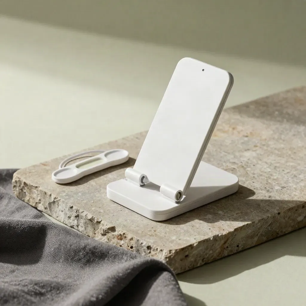 White test doubles, phone stand, cable loop, and gray cloth on stone in a top-down editorial flat lay.