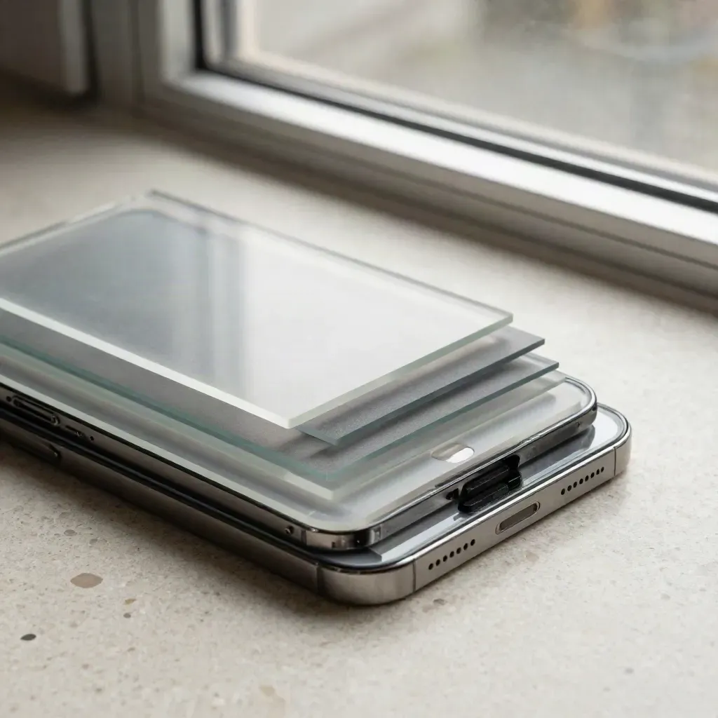 Translucent iPhone mock layers and acrylic overlays on a light table in soft window haze.