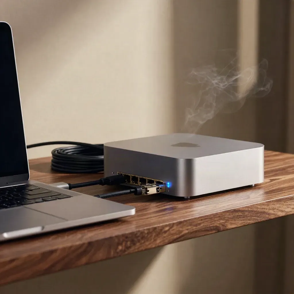Laptop, Mac mini, and network hub on a shelf with blue status lights and haze