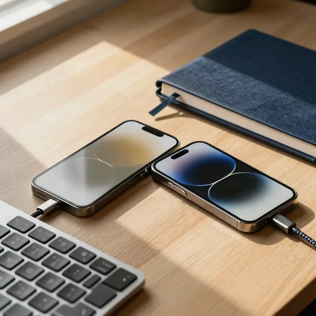 Two iPhone mockups, a shifted keyboard, cable, and closed notebook in warm afternoon light.