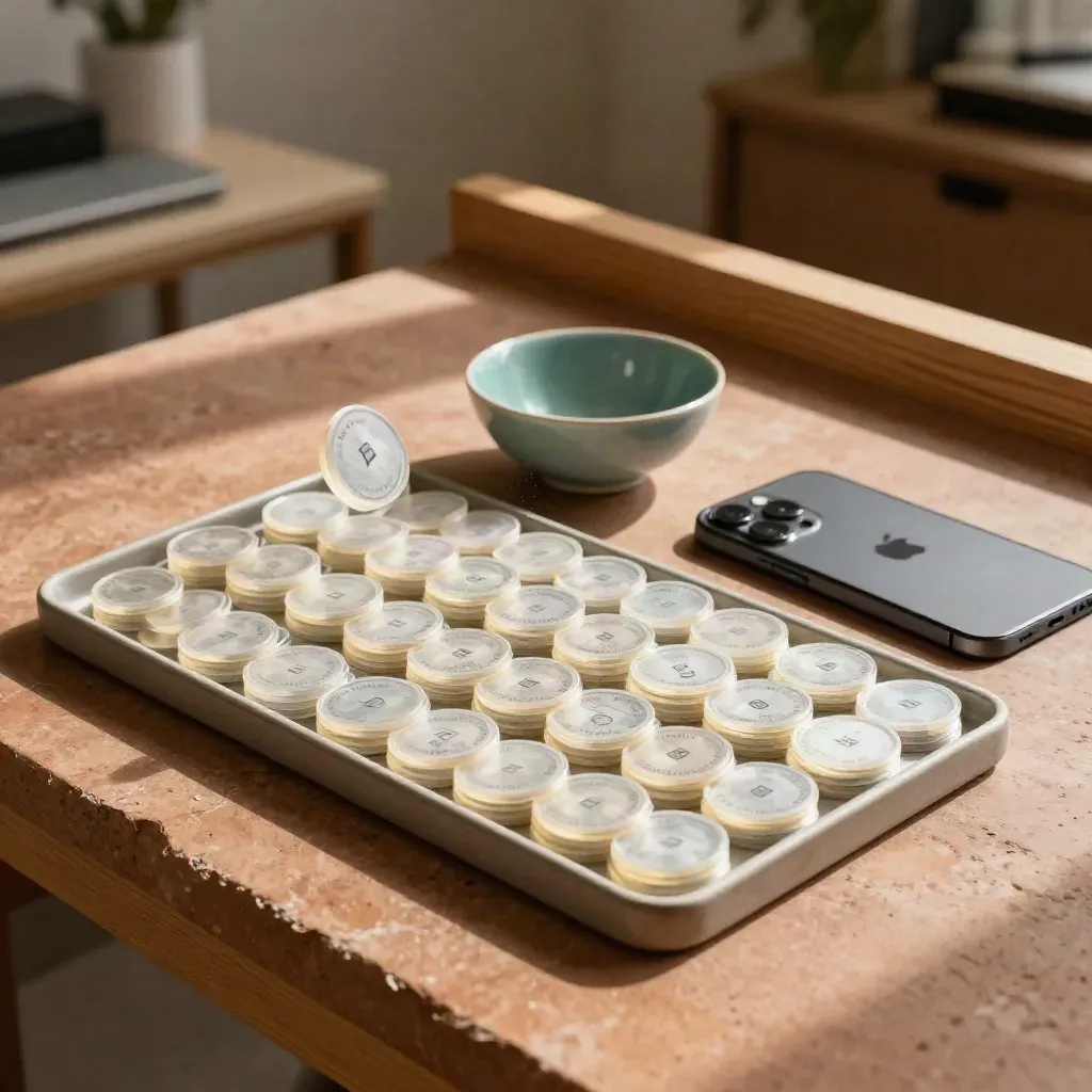 Translucent data tokens, an iPhone, and a muted-teal bowl on warm terracotta stone.