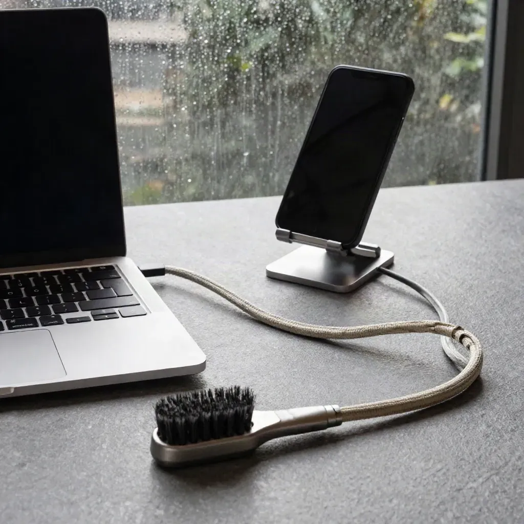 Laptop, phone stand, brush, and coiled cable on a slate-gray workbench in rain light.
