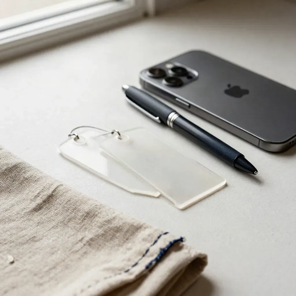 Acrylic tags, pen, and iPhone settling on a pale desk in soft window light.
