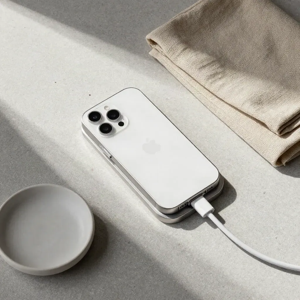 White iPhone test device docked on stone with linen cloth and ceramic dish
