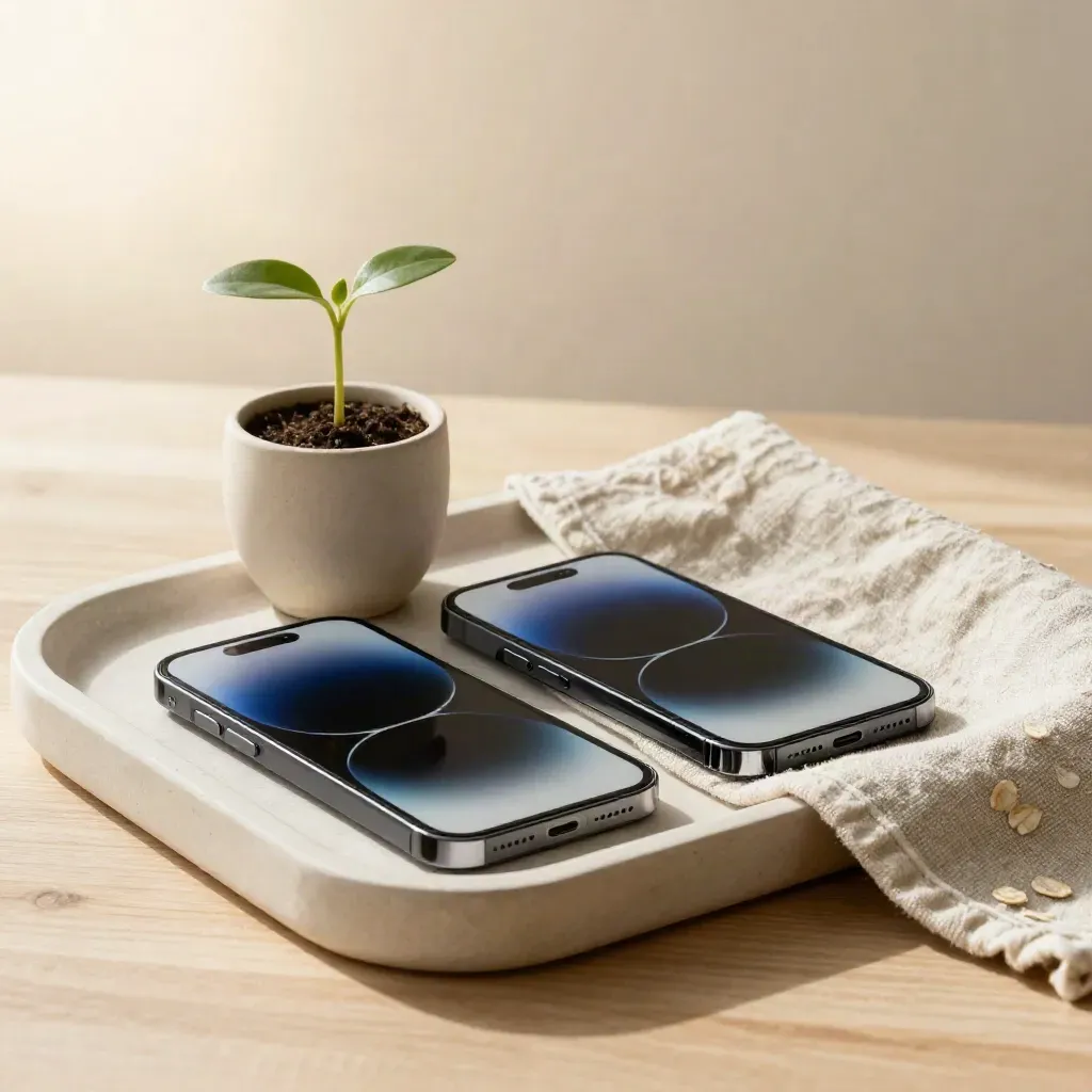 iPhone and iPad mini glowing on a pale tray with a seedling and folded linen cloth