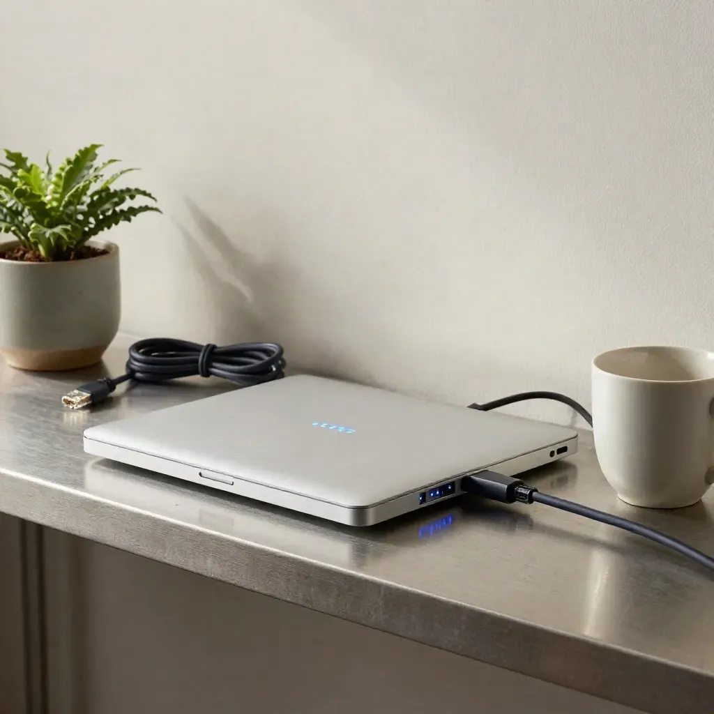 Closed MacBook, network hub, coiled ethernet, plant, and cup on a steel shelf in cool daylight.